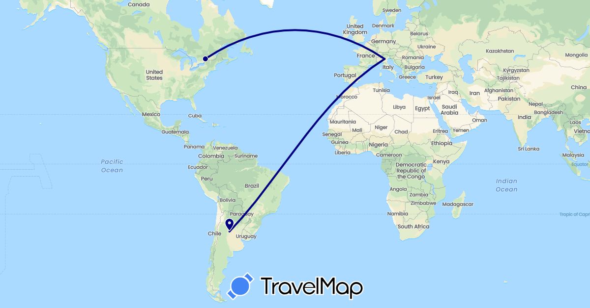 TravelMap itinerary: driving in Argentina, Canada, Italy (Europe, North America, South America)